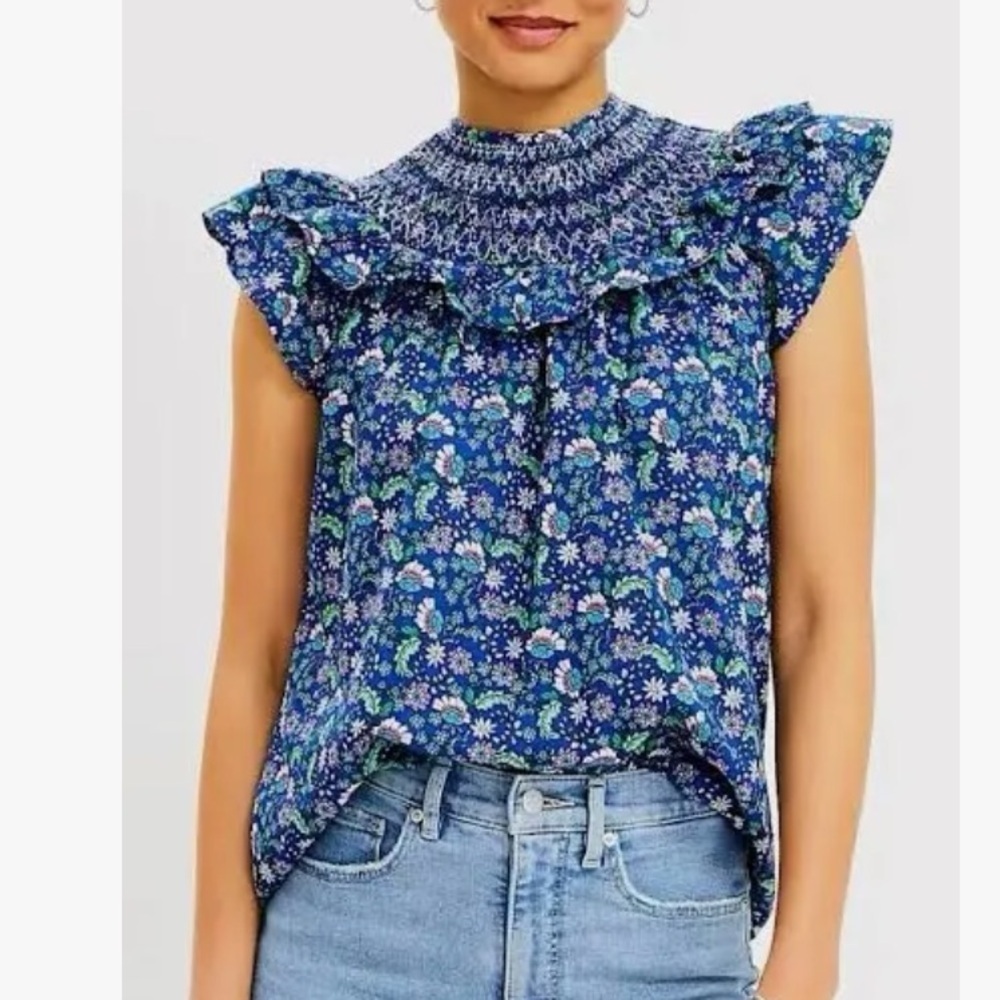 Loft Blue Floral Smocked Shirred Blouse